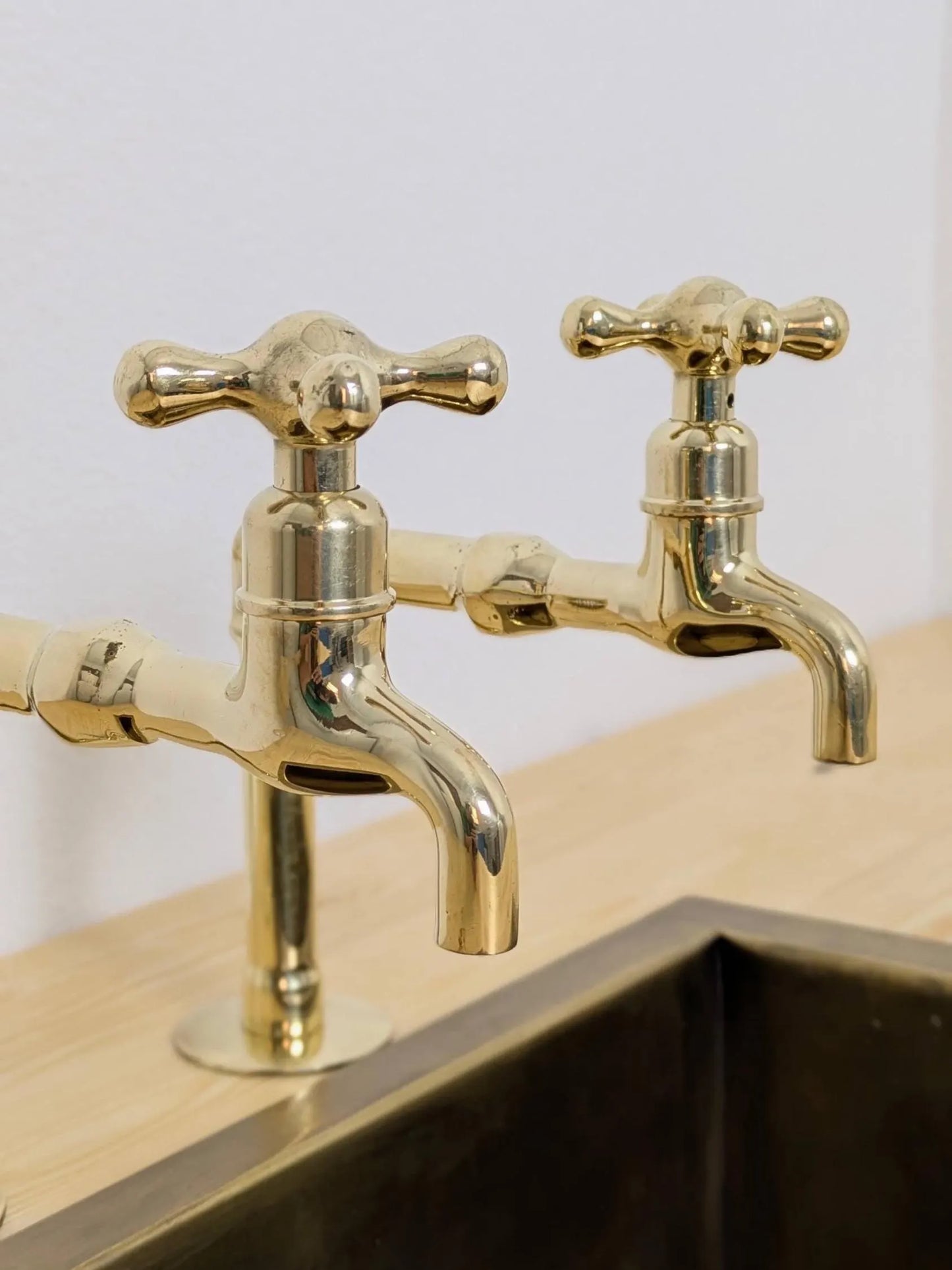 Unlacquered Brass Kitchen Pair Faucet, Single Hole Pair Taps, Cold Hot Antique Brass Taps, Customizable Size.