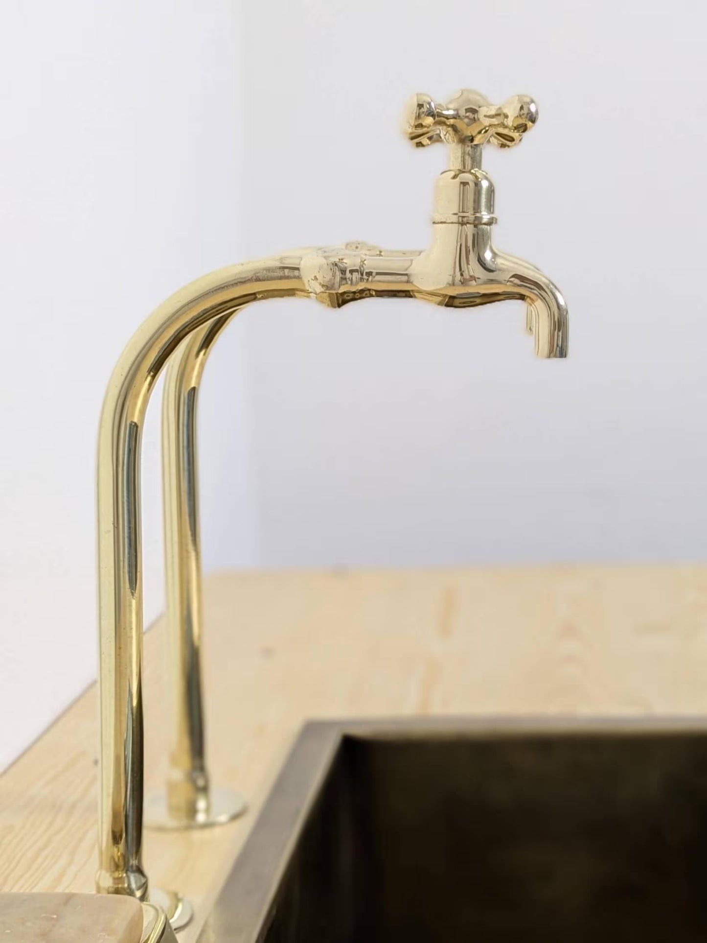 Unlacquered Brass Bib Faucets: Tall Countertop Brass Pillar Taps