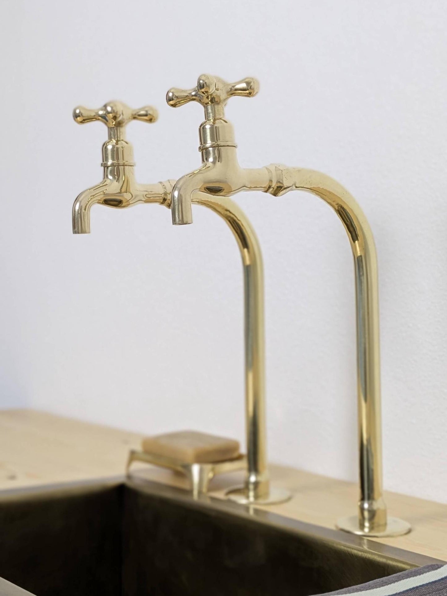 Unlacquered Brass Bib Faucets: Tall Countertop Brass Pillar Taps
