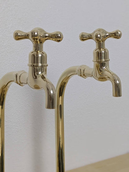 Unlacquered Brass Bib Faucets: Tall Countertop Brass Pillar Taps
