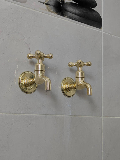 Unlacquered Brass Wall-Mounted Faucets: Vintage Bib Taps, Indoor Outdoor Use.