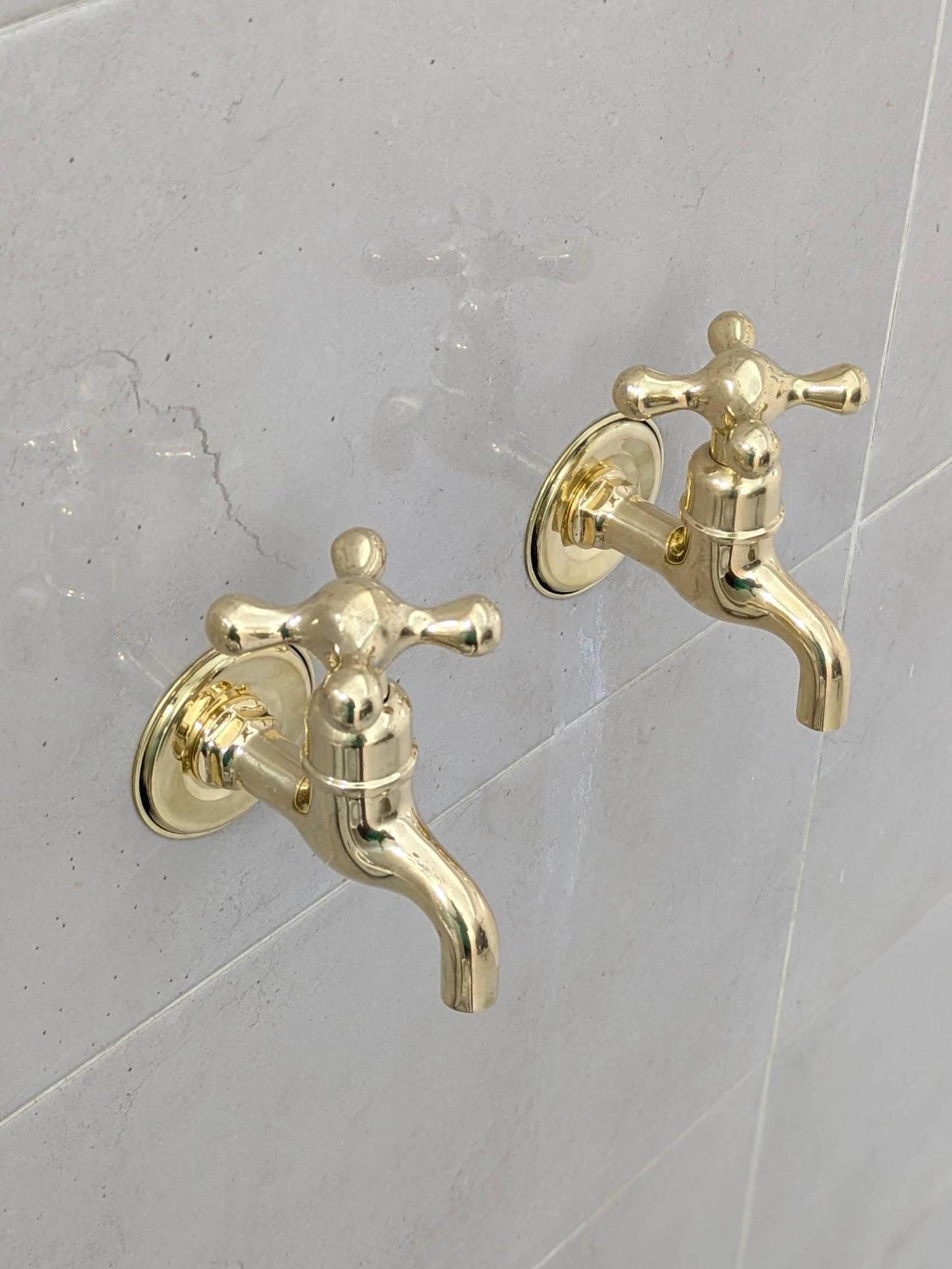 Unlacquered Brass Wall-Mounted Faucets: Vintage Bib Taps, Indoor Outdoor Use.