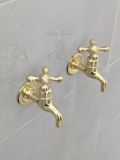 Unlacquered Brass Wall-Mounted Faucets: Vintage Bib Taps, Indoor Outdoor Use.
