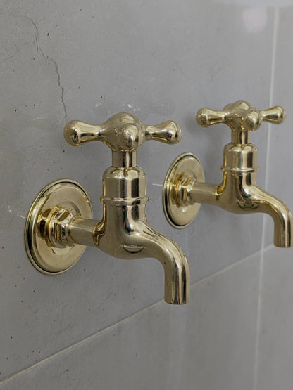 Unlacquered Brass Wall-Mounted Faucets: Vintage Bib Taps, Indoor Outdoor Use.
