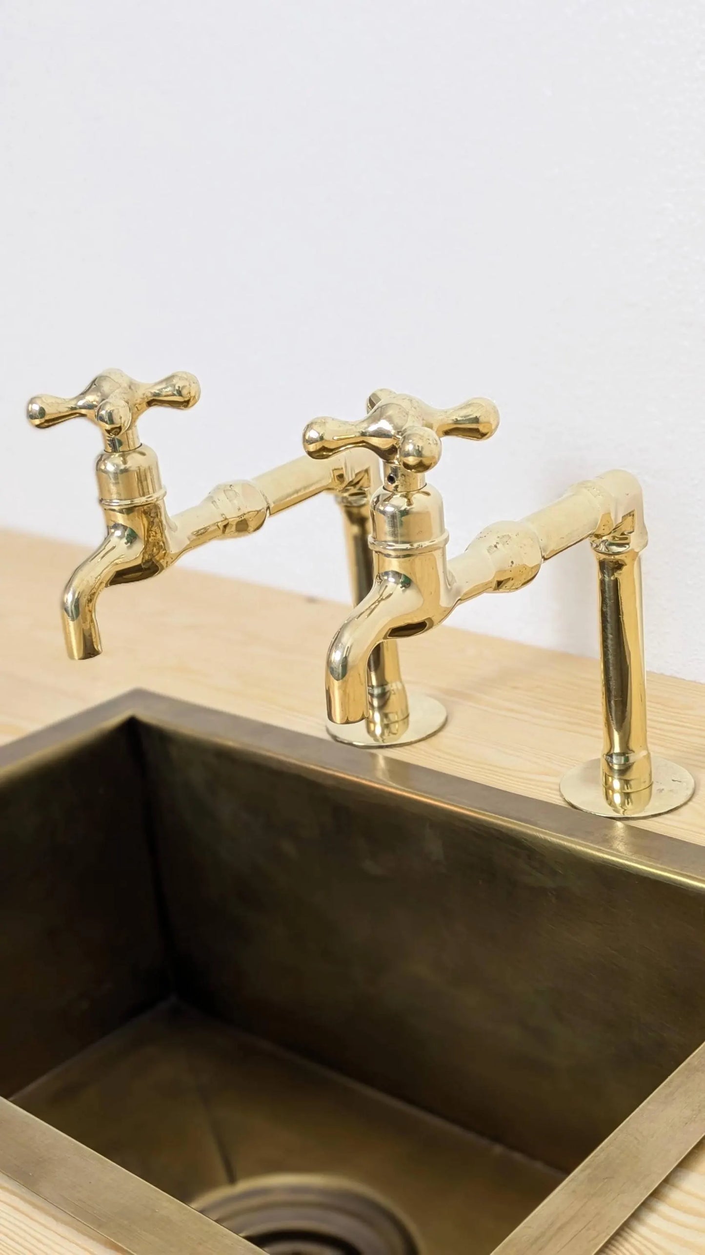 Unlacquered Brass Kitchen Pair Faucet, Single Hole Pair Taps, Cold Hot Antique Brass Taps, Customizable Size.