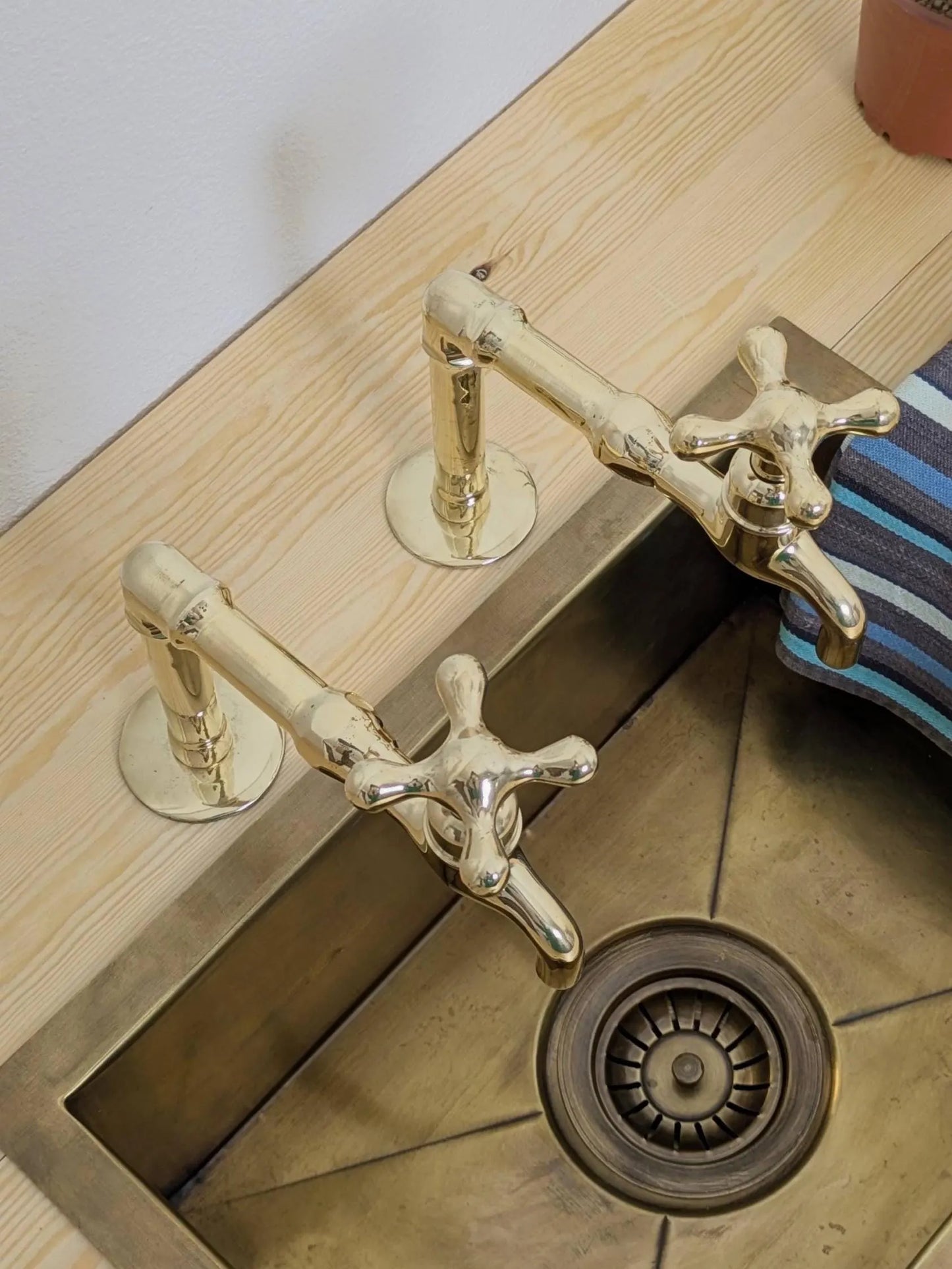 Unlacquered Brass Kitchen Pair Faucet, Single Hole Pair Taps, Cold Hot Antique Brass Taps, Customizable Size.