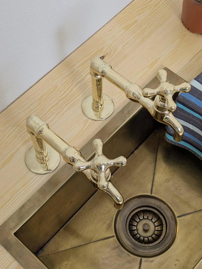 Unlacquered Brass Kitchen Pair Faucet, Single Hole Pair Taps, Cold Hot Antique Brass Taps, Customizable Size.