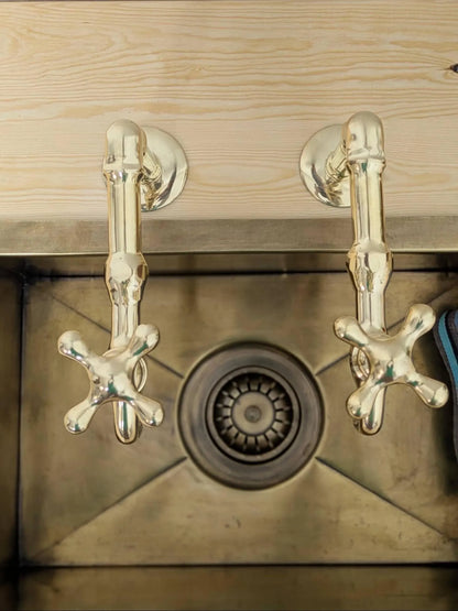 Unlacquered Brass Kitchen Pair Faucet, Single Hole Pair Taps, Cold Hot Antique Brass Taps, Customizable Size.