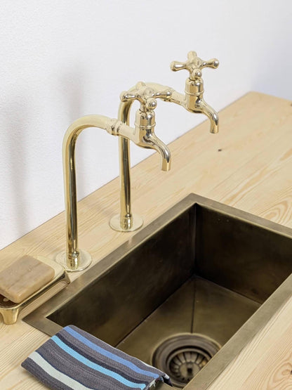 Unlacquered Brass Bib Faucets: Tall Countertop Brass Pillar Taps