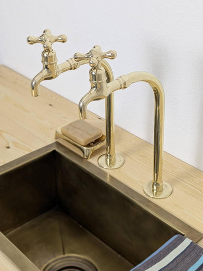 Unlacquered Brass Bib Faucets: Tall Countertop Brass Pillar Taps