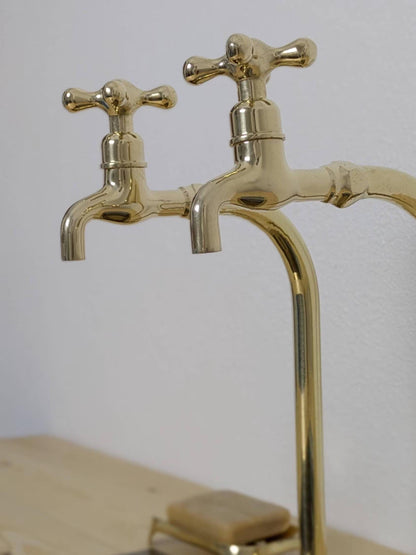 Unlacquered Brass Bib Faucets: Tall Countertop Brass Pillar Taps