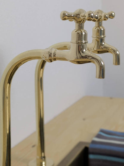 Unlacquered Brass Bib Faucets: Tall Countertop Brass Pillar Taps