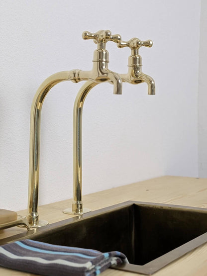 Unlacquered Brass Bib Faucets: Tall Countertop Brass Pillar Taps
