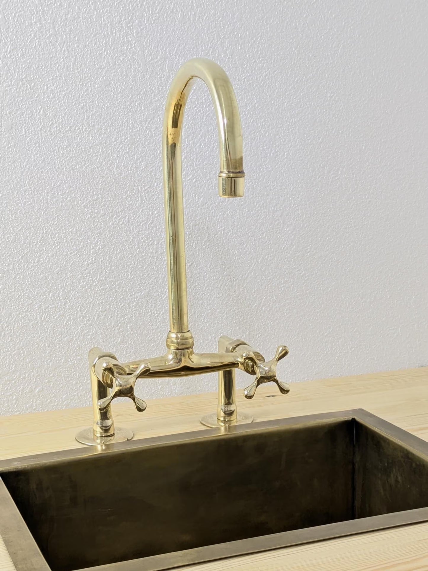 Handmade Unlacquered Brass Bridge Kitchen Faucet: Swivel Spout