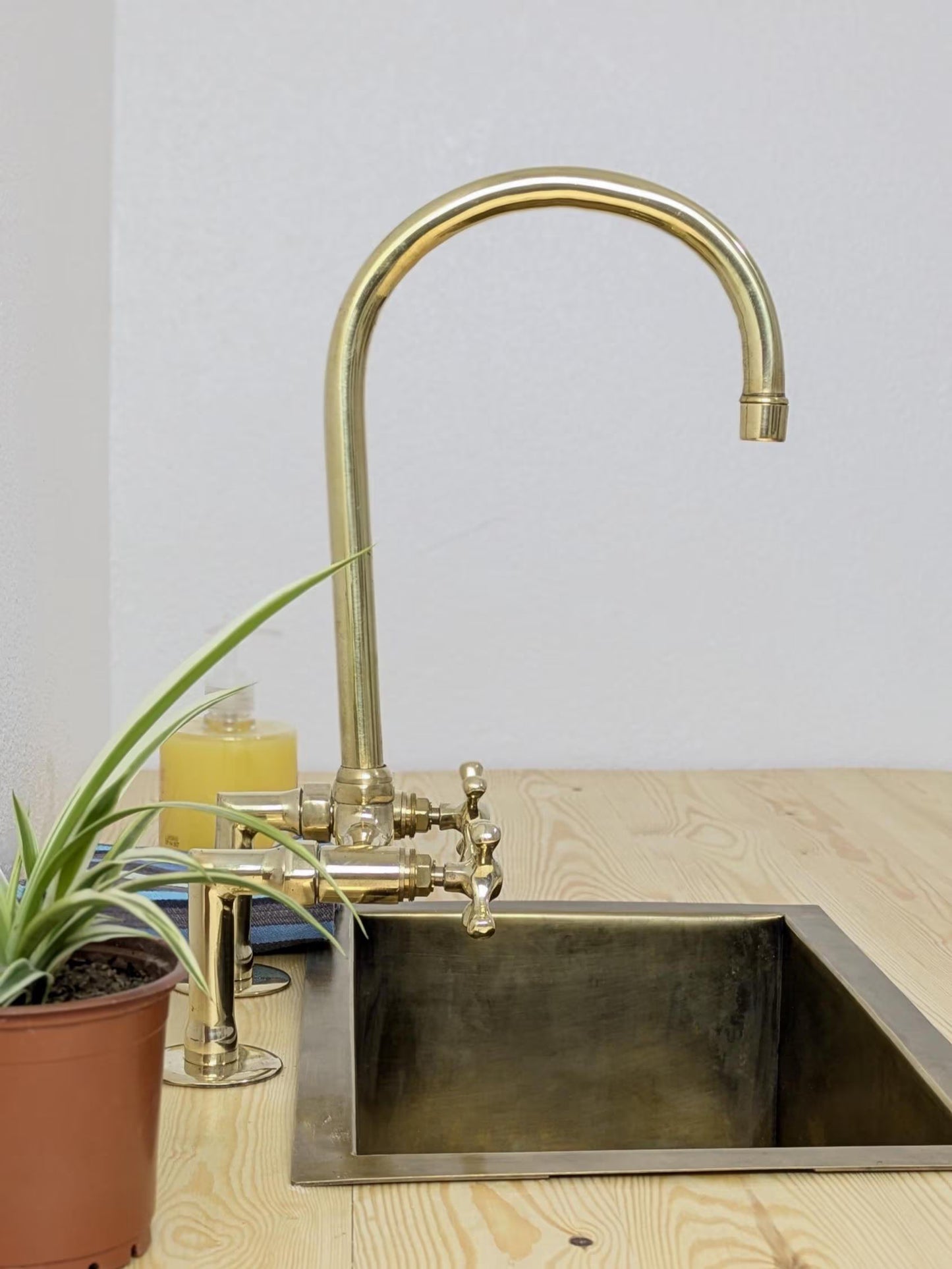 Handmade Unlacquered Brass Bridge Kitchen Faucet: Swivel Spout