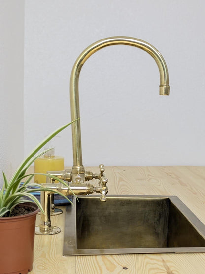 Handmade Unlacquered Brass Bridge Kitchen Faucet: Swivel Spout