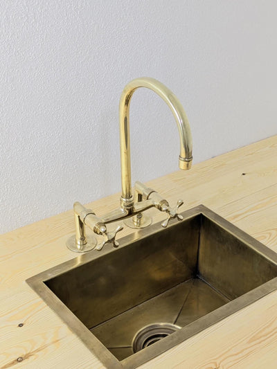 Unlacquered Brass Bridge Kitchen Faucet, Antique Farmhouse Tap, 6inch Spread.