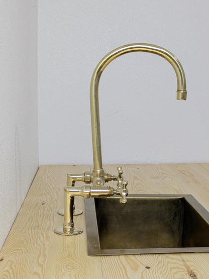 Handmade Unlacquered Brass Bridge Kitchen Faucet: Swivel Spout