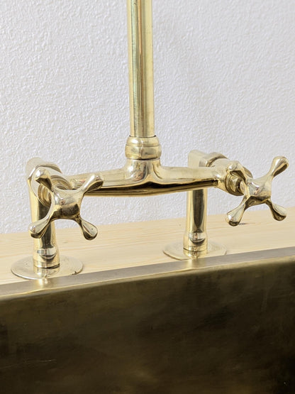 Handmade Unlacquered Brass Bridge Kitchen Faucet: Swivel Spout
