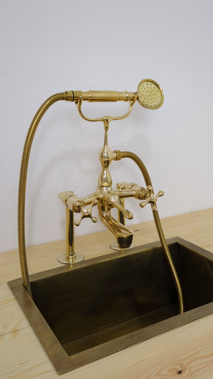 Unlacquered Brass Deck Mounted Bath Filler with Hand Shower